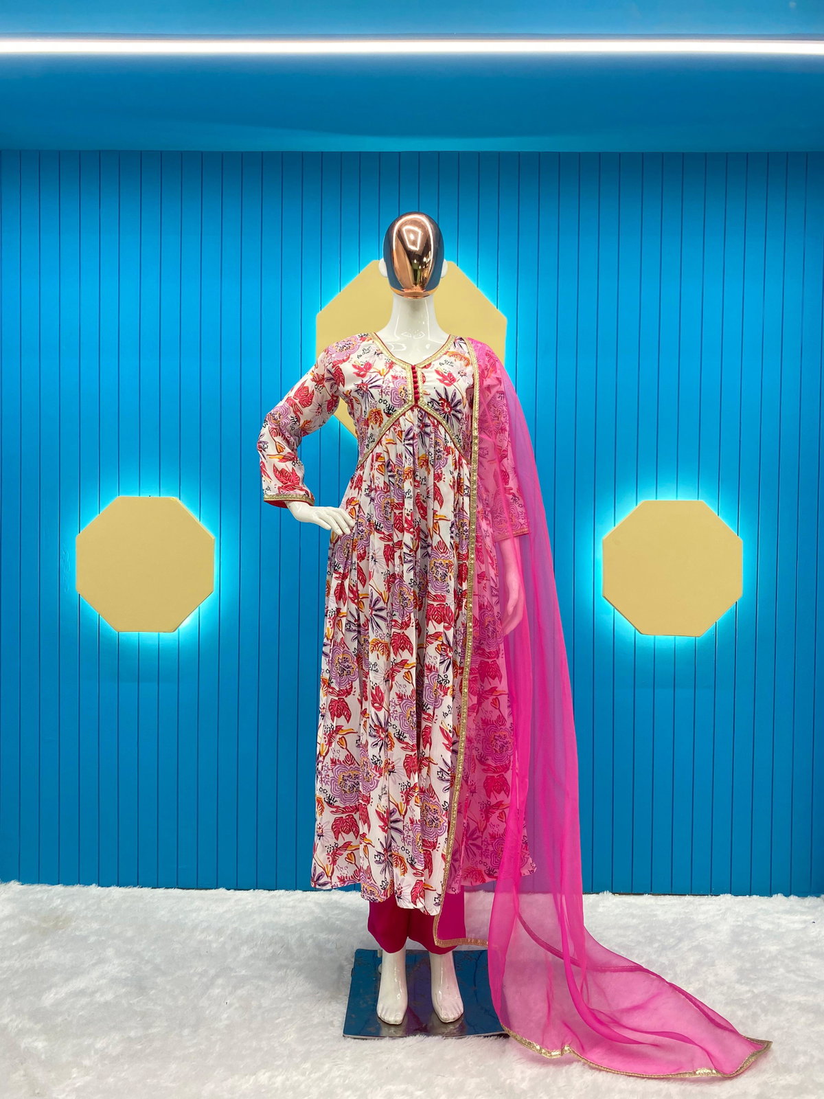 Hues of Elegance: Handcrafted Floral Alia Cut Gown with Dupatta